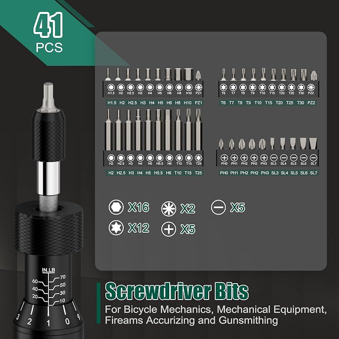 Torque Screwdriver Set 10-70 In-lb, Inch-Pound Torque Driver Kit | Adjustable, with S2 Steel Bits & Case, Prevents Over-Tightening for Scope Mounting, Electronics & Bicycle Maintenance, Red