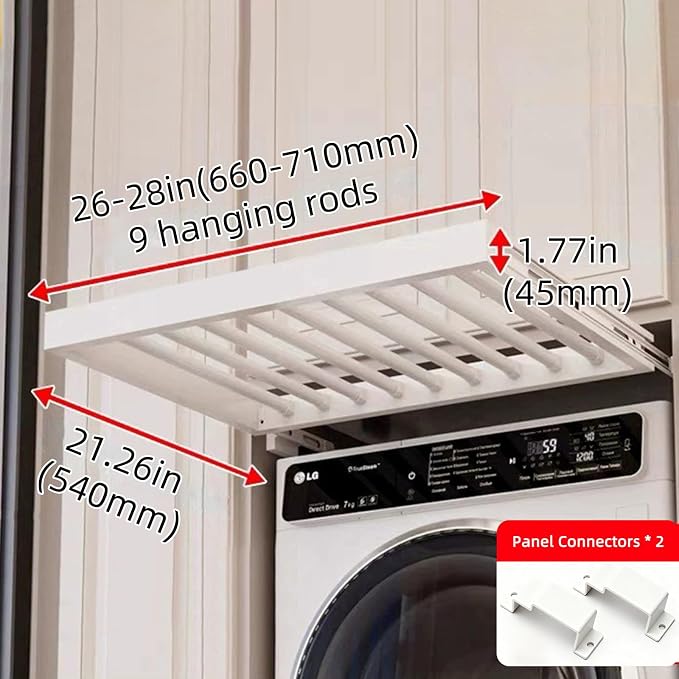 Hidden Pull Out Drying Rack, Extendable Pull Out Trousers Rack, Space Saving, Above Washing Machine Wardrobe, Aluminum Alloy, Soft-Close, Depth 21.26in Width 26-28in White