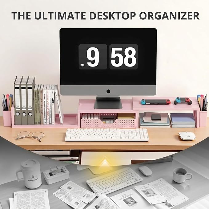 OPNICE Desk Organizers and Accessories, Dual Monitor Stand Riser with Drawer and 2 Pen Holders, Desk Shelf Computer Racks for Office Workspace Organizers, Desktop Organization (Peach-pink)