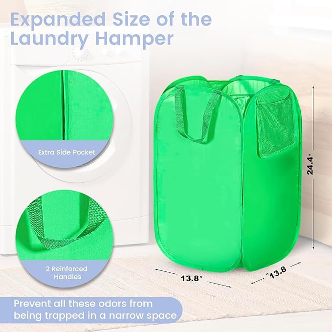 HOUSE AGAIN Upgraded Polyester Pop Up Laundry Hamper, Collapsible Laundry Baskets with Durable Handles Solid Bottom High Steel Frame and Side Pocket, Easy Open & Save space,Perfect for Storage(Green)