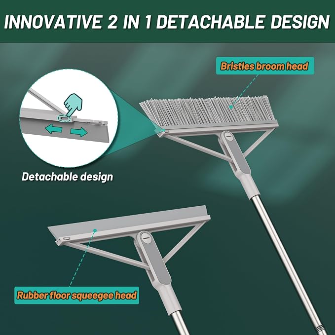 KOLLIEE 2 in 1 Floor Squeegee Broom Set Window Long Handle Rubber Squeegee Brush Mop Kit with Adjustable Handle 120° Rotating Angle Head for Wet Room Hard Floor Outdoor
