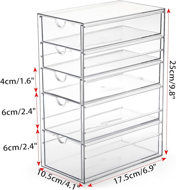 Hipiwe 5-Drawers Plastic Storage Organizer, Clear Hair Accessories Organizer with Large Capacity for Bathroom, Dresser, Cosmetic Hair Tie Container for Girls Women | Large Capacity Drawers Box for Bathroom, Dresser, Cosmetic Hair Tie Container for Women