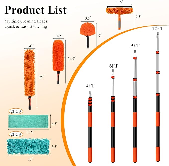 20ft High Ceiling Duster Kit with 4-12ft Heavy-Duty Extension Pole, Cobweb Duster, Ceiling Fan Duster, Window Squeegee & Cleaner, Microfiber Duster, Wall Mop for Home High Reach Cleaning