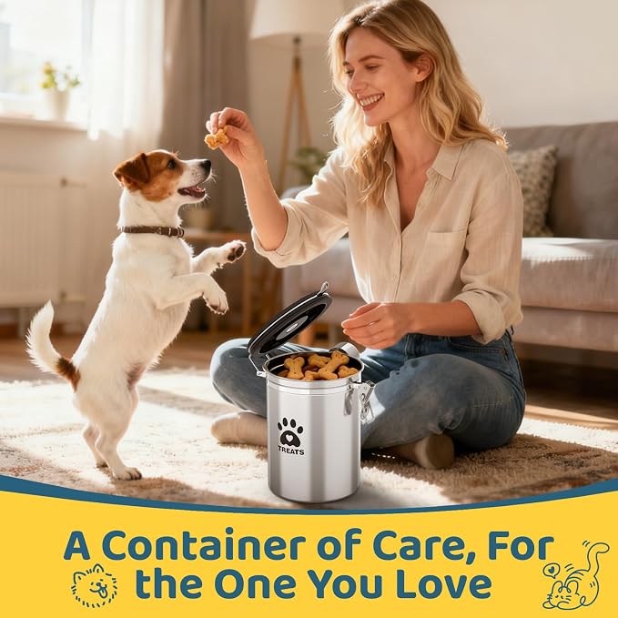 ENONCI Dog Treat Container Airtight,5.9"x4.7" Stainless Steel Cat Treat Jar for Kitchen Counter with Scoop, Pet Storage for Fresh Dog Cookie