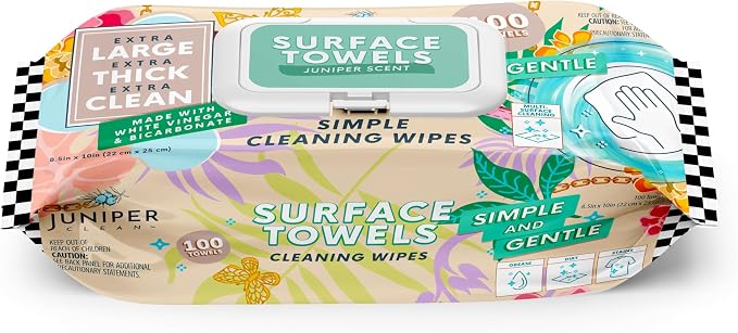 Juniper CLEAN Single Surface Cleaning Wipes Bleach Free, Thick & Large Dispose, All-Purpose Cleaner for Bathroom, Kitchen, Office, 100 Count Soft Flow, Biodegradable, Juniper Scent