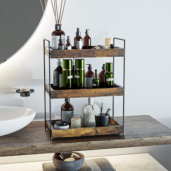 Bathroom Counter Organizer, 3-Tier Wood Spice Rack Organizer for Kitchen Counter, Vanity Skincare Organizers Shelf for Bathroom Storage Organization, Rustic Brown