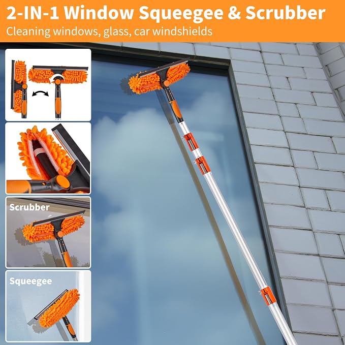 4-24 Ft High Reach Window Washing Kit with Extension Pole, Window Squeegee & Microfiber Scrubber, Ceiling Fan Duster & Feather Duster for High Ceiling, Furniture & Home Cleaning