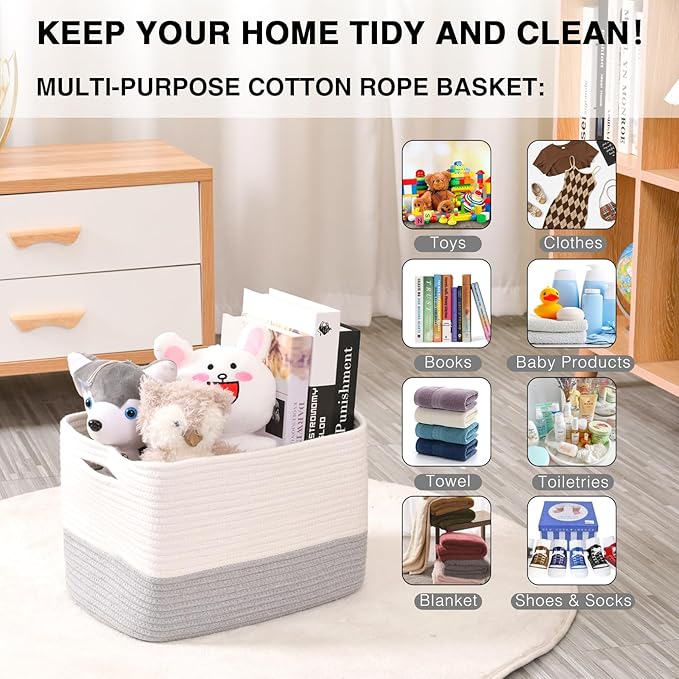 Grey Storage Baskets for Organizing Shelves, Woven Cotton Rope Baskets for Storage, Dog Toy Basket Storage Kids, Gray Shelf Basket, 14.8"×11"×9.5", Pack of 3, Off White & Grey
