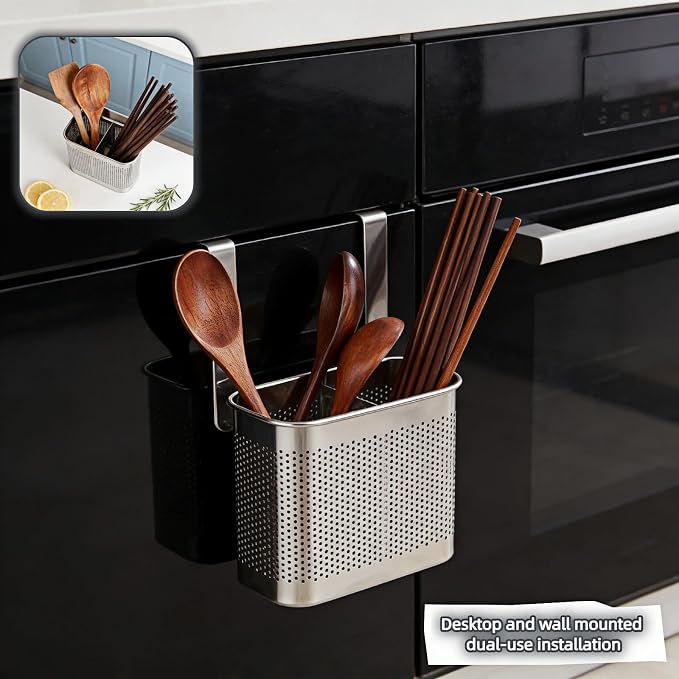 Stainless Steel Kitchen Utensil Holder with Hooks, 2-Tier Stainless Steel 304 Utensil Holder,Rustproof Heavy Duty Dish Drainer for Kitchen Sink Countertop,5.51x4.33x2.76 Inch