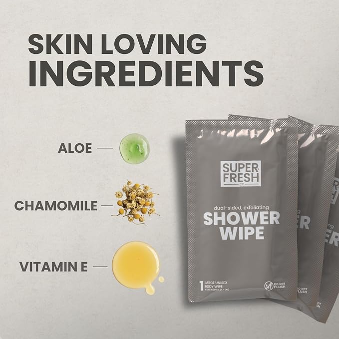Super Fresh Shower Body Wipes, Travel Essentials for Camping, Large Sandalwood Wipes for Adults, Women, Men, Kids Personal Hygiene Cloth Enriched with Aloe and Vitamin E, Individually Wrapped 50 Pack