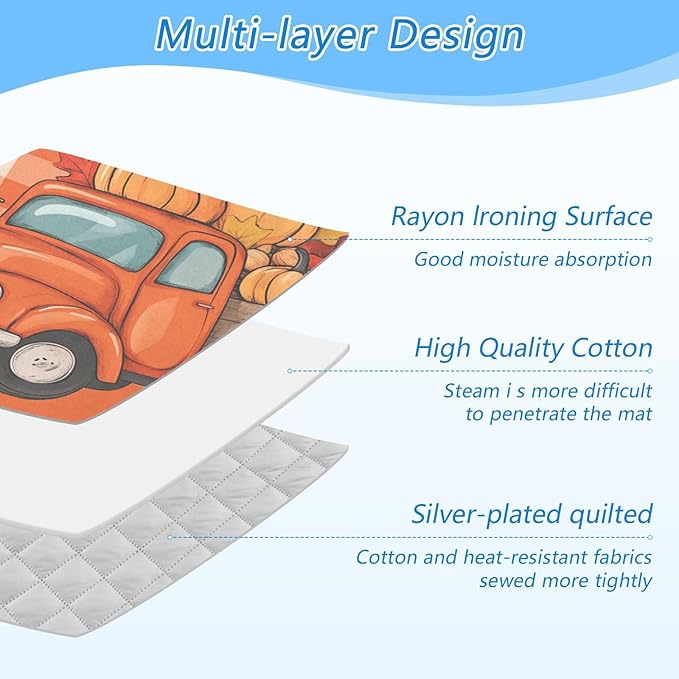 Autumn Truck Pumpkin Leaves Ironing Mat Portable Ironing Pad Blanket with Silicone Iron Rest for Table Top Travel Heat Resistant Double-Side Using Large 47x28 Inch Foldable