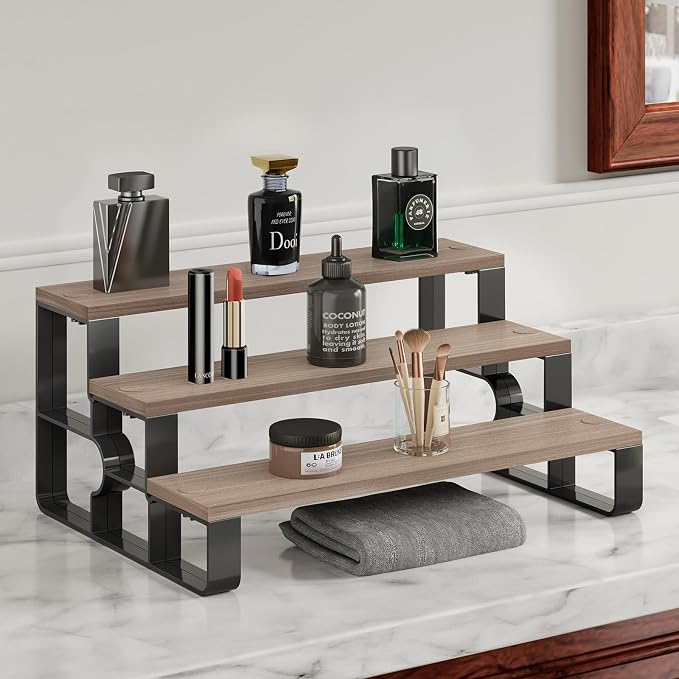 Cologne Organizer for Men,Perfume Organizer for Dresser,3 Tier Bathroom Organizer,Makeup Organizers,Wooden Display Riser Stand Holder for Vanity,Bedroom(Walnut-Width=11.2")