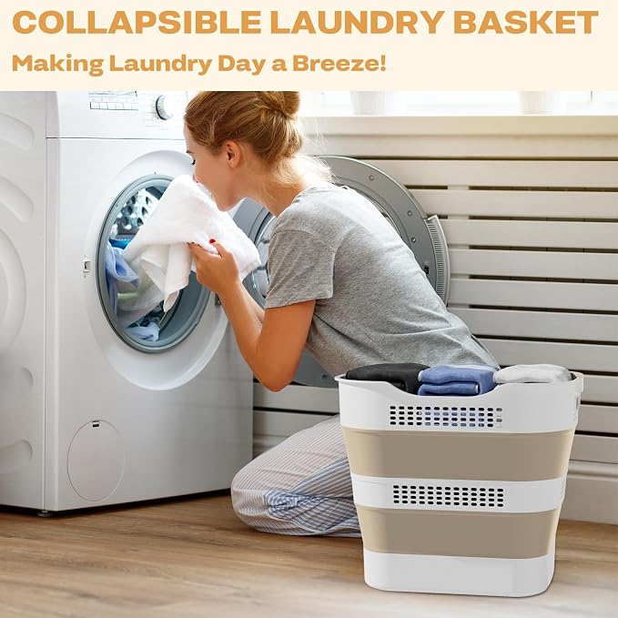 OOAMBB 43L+43L Collapsible Laundry Baskets plastic (Beige, 2 Packs) | Pop Up Laundry hamper/Storage Container, Foldable Laundry Basket with Handles, Durable,Space Saver