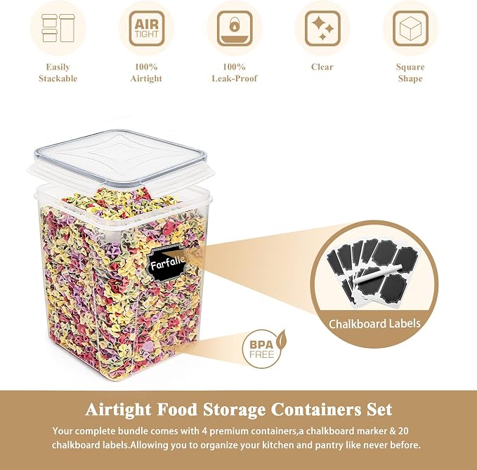 Wildone Large Food Storage Containers 5.2L /175oz, 4 Piece BPA Free Plastic Airtight Food Storage Containers for Flour, Sugar, Baking Supplies, Kitchen & Pantry Containers with 20 Labels - Gray