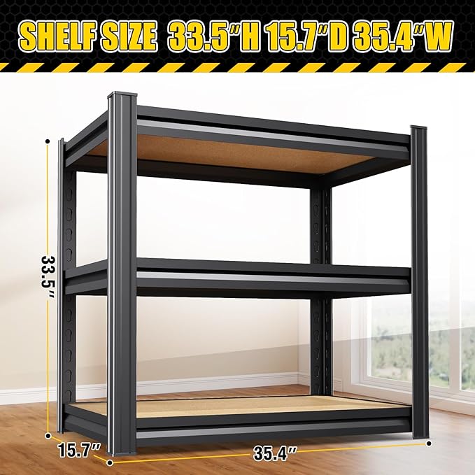 2 Pack Garage Shelving Heavy Duty Storage Shelves, Metal Adjustable Shelving Unit, Utility Garage Organizer Shelf for Basement, Pantry, Kitchen, Warehouse, 33.5" Hx35.4 Wx15.7 D, Black