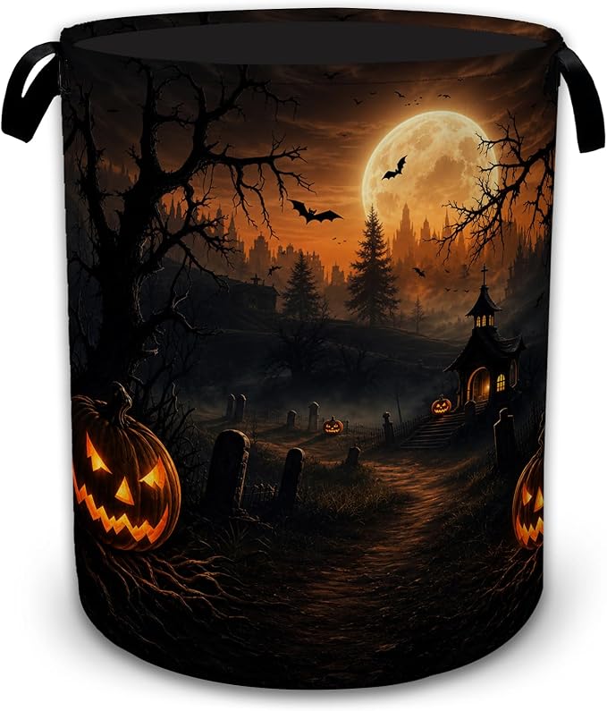 Halloween Pumpkin Night Laundry Basket with Handles, Foldable Tall Oxford Clothes Hamper, Lightweight Water-Resistant Storage Bin for Bedroom Bathroom College Dorm, 16 x 20.8 Inch