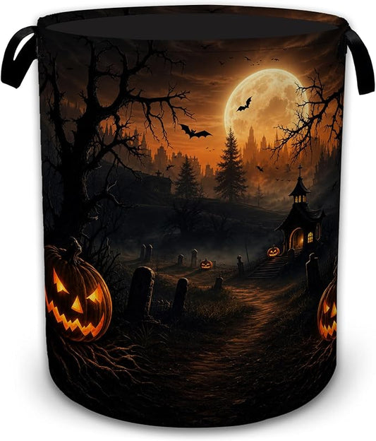 Halloween Pumpkin Night Laundry Basket with Handles, Foldable Tall Oxford Clothes Hamper, Lightweight Water-Resistant Storage Bin for Bedroom Bathroom College Dorm, 16 x 20.8 Inch