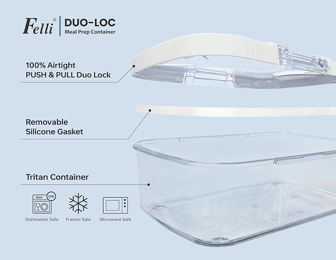 Felli Duo Loc Tritan Containers for Reheating Microwave Safe Box, Airtight Food Storage for Fridge Freezer, On The Go Lunch Container for Adults for Weekly Meal Plan Picnic Travel (6pk)