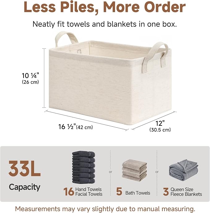 StorageWorks Storage Bins, Shelves Baskets for Organizing, Large Fabric Closet Organizers with Handles, Metal Frame, Beige-Cotton-linen, 2-Pack