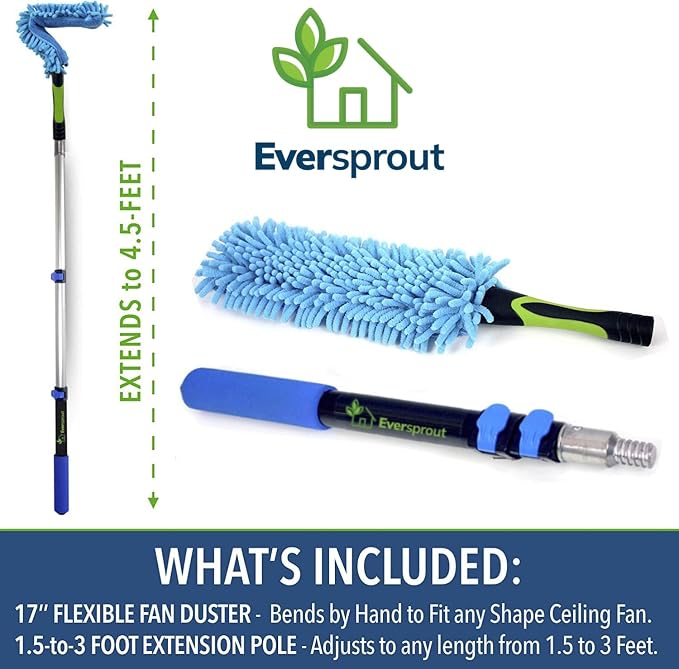 EVERSPROUT Ceiling Fan Duster with 3 Foot Pole, Bendable Microfiber Cleaner | Extends 1.5 to 4.5 Feet, 8-10 Foot Standing Reach, for Celiling Fans, Blinds, Shelves, Walls and More, Machine Washable