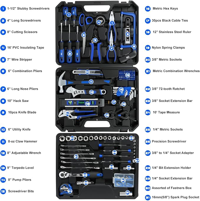 Prostormer 269-Piece Tool Set, Complete Home Tool Kit, Blue | Includes 72-Tooth Ratchet, Sockets, Combination Wrenches, Assorted Tools for Home DIY and Auto Repair