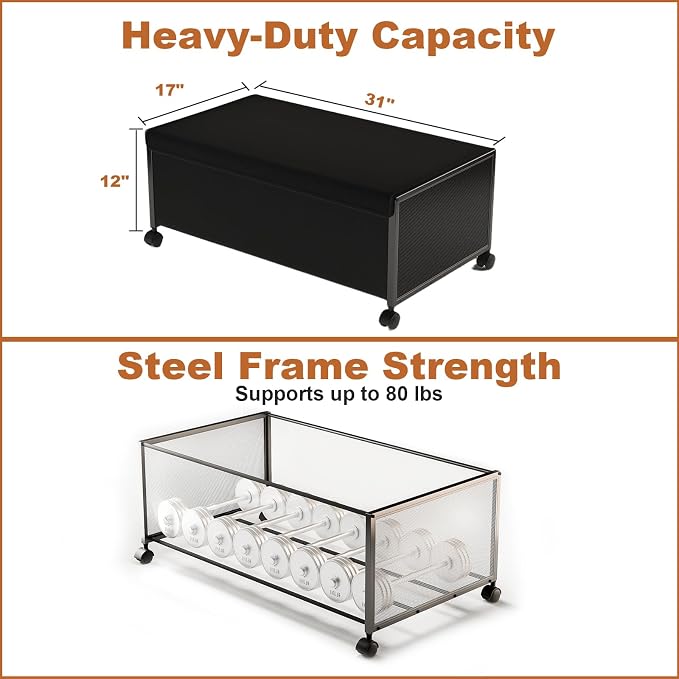 2 Pack Under the Bed Storage Containers,12 inch Height Under Bed Shoe Storage,31inch Long Underbed Storage with Wheels,Large Rolling under bed Clothes Storage Drawers with Lid for Dorm Tall,Black