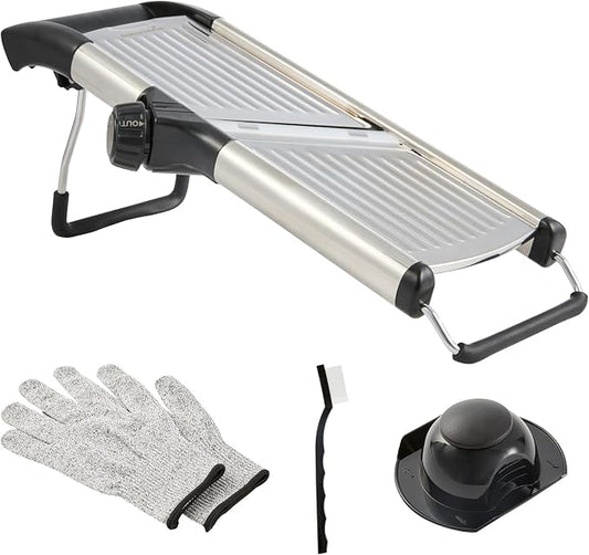 Restaurantware Stainless Steel Adjustable Mandoline Slicer - German Standard Vegetable Slicer with Blade Guard, Cut-Resistant Gloves, Cleaning Brush - Food Slicer for Potato, Onions, Cucumbers, Tomato