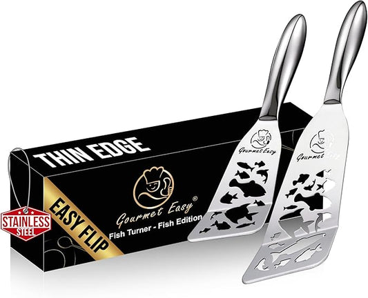 Stainless Steel Fish Spatula Set – Funky Fish Edition, 1 Large Fish Turner + 1 Small Metal Spatula, Ultra-Thin Edge for Easy Turning & Flipping, Ergonomic Non-Slip Handle, Dishwasher Safe