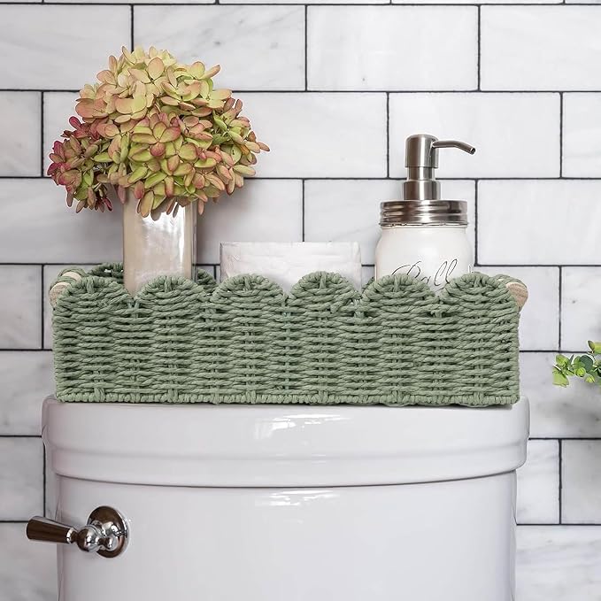 CubesLand Bathroom Basket Organizer, Toilet Tank Paper Storage Baskets 2PK | Scalloped Decorative Basket for Countertop w/Handle, Wicker Basket for Bathroom Decor, Home Decor, Living Room, Green