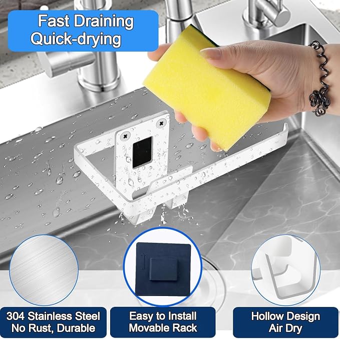 GAViA Sponge Holder for Kitchen Sink with Adhesive Hook, in-Sink Sponge Holder, Wall Hanging Sink Caddy Organizer Rack - Sponge, Dish Cloth, Brush - 304 Stainless Steel