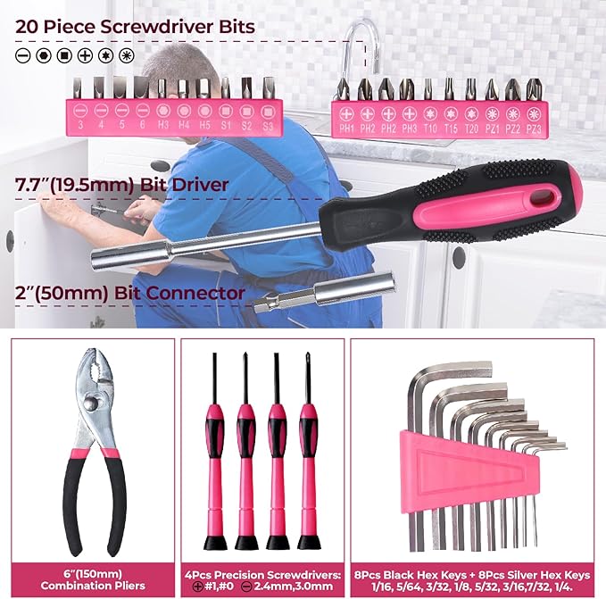 39 Piece Basic Tool kit for Women, All Purpose Pink Tool ser Household Hand Tools with Toolbox for Home Repairs, College Dorm Essentials, DIY Crafts & Gifts