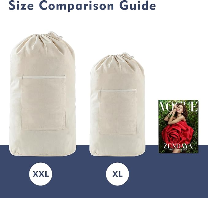 Canvas Laundry Bag, Laundry Backpack, Beige, XX-Large | Washable Laundry Collector,Thick Woven Adjustable Shoulder Straps,Large Front Pocket,Drawstring Closure,for College,Camping