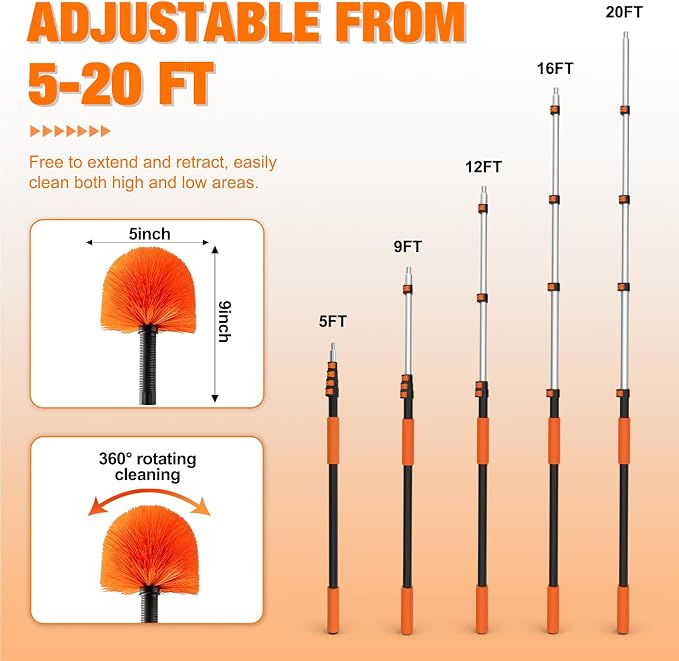 LAANPOLE 20FT Cobweb Duster with Extension Pole, Spider Web Brush for Cleaning Extendable, Professional Ceiling and Corner Dusters for Outdoor Indoor Use