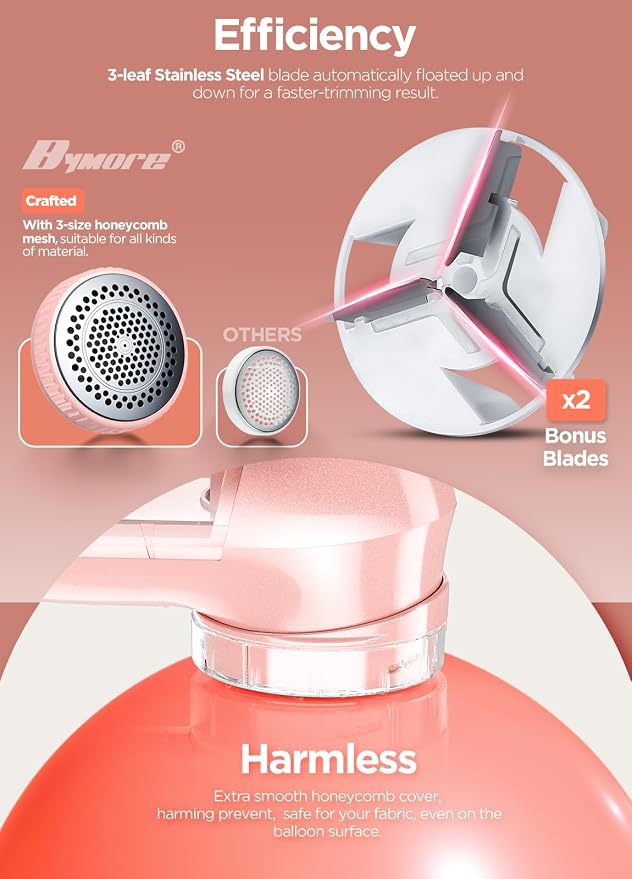 Fabric Shaver, Lint Remover, Bymore Lint Shaver Defuzzer Sweater Shaver for Clothes and Furniture AC Adapter or Battery Operated Pill Fuzz Remover (Pink)
