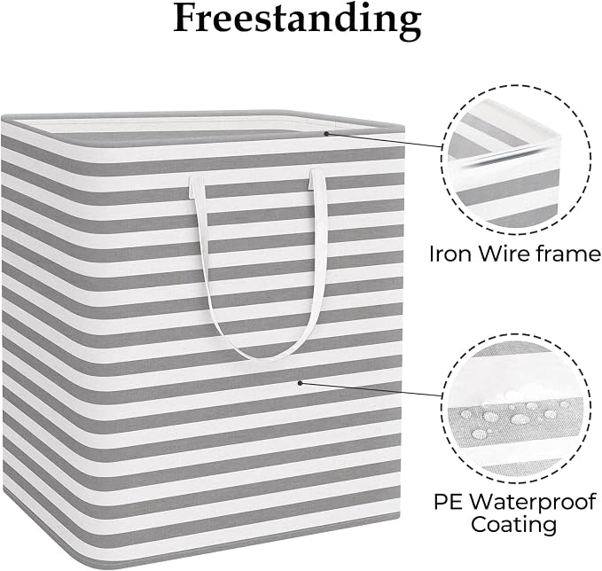 StorageRight Laundry Basket Hamper, 100L Clothes Storage, Striped Grey | Freestanding Clothes Hampers, Foldable design, with Easy Carry Handles, For Laundry, Bedroom, Dorm, Clothing, Towels, Toys