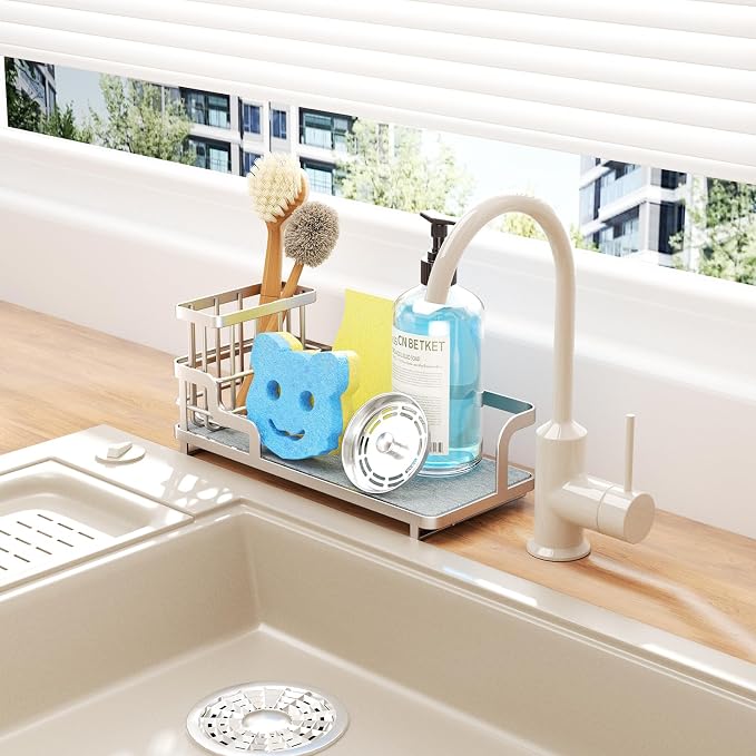 Consumest Sponge Holder for Kitchen Sink - Sink Caddy Organizer with Water Absorbing Stone Tray, Detachable Brush Holder, Stainless Steel Kitchen Counter Organizer Rack, Sand Nickel