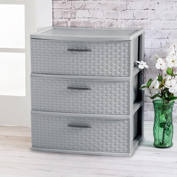 Sterilite 2 Pack 3 Drawer Wide Storage Tower, Weave Organizer, Cement | Lightweight Opaque Home Organization Container for Bedrooms, Closets, or Bathrooms