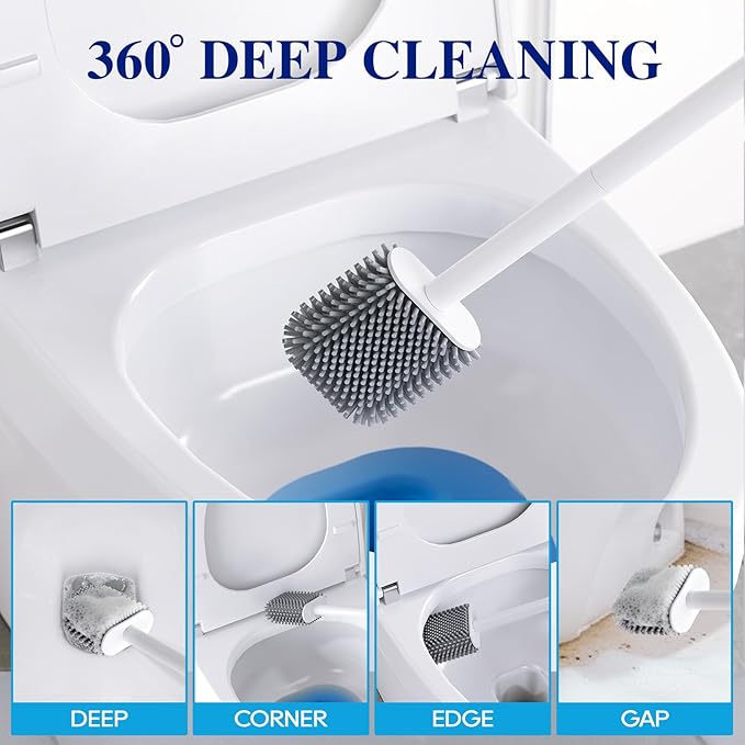 HONOVA Silicone Toilet Bowl Brush with Ventilated Holder, Toilet Brush and Holder Set，Floor Standing & Wall Mounted, Drip-Proof, Toilet Cleaner Brush for RV Travel, Camper, Family Bathroom（White）