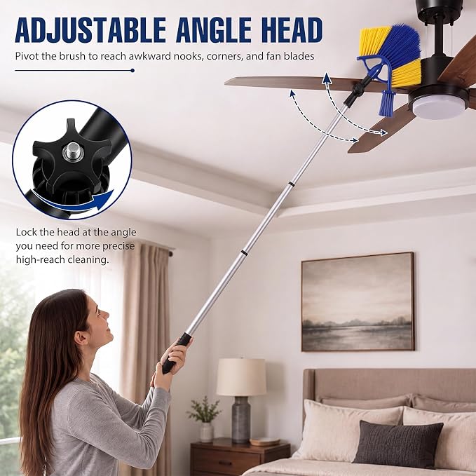 Cobweb Duster with 6ft Extension Pole and Adjustable Angle Brush | telescopic cobweb duster, with adjustable angle head, small detail brush for ceilings, corners, fans and outdoor areas
