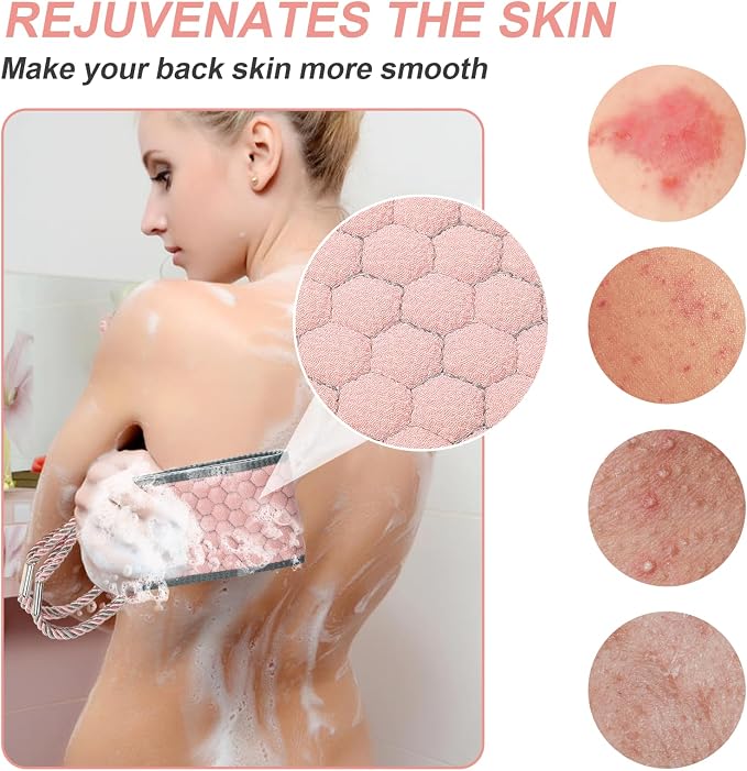 Exfoliating Back Scrubber for Shower, 38 Inches Back Washer with Handles, Exfoliating Washcloth Body Exfoliator Bath Tool to Scrub Your Body Deeply for Men & Women Exfoliation (Pink)
