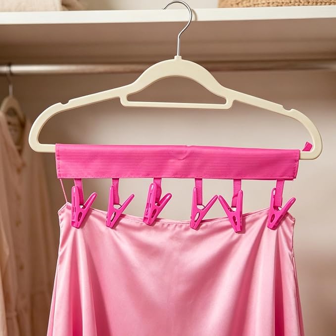 Mini Clothespins Travel Hangers 3-Pack Rose Red, Foldable Portable Clothes Hangers with 6 Non-Slip Clips for Socks Swimsuit Towel Drying Rack, Cruise Dorm Camping Travel Essentials