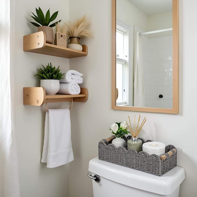CubesLand Bathroom Basket Organizer, Toilet Tank Paper Storage Baskets 2PK | Scalloped Decorative Basket for Countertop w/Handle, Wicker Basket for Bathroom Decor, Home Decor, Living Room, Grey