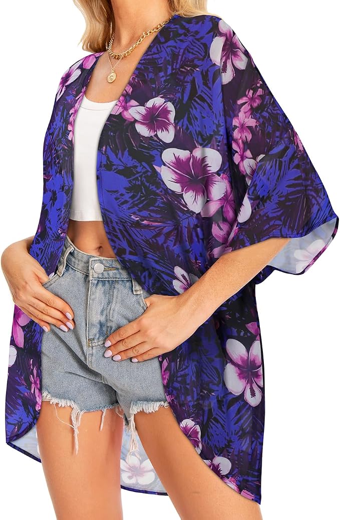 Women Kimono Cardigans Summer Cover Up Hawaiian Shirts Floral Print Tops | ROSEMIA chiffon kimono open front cardigans, beach cover ups, daily casual tops, cruise outfits, summer resort wear