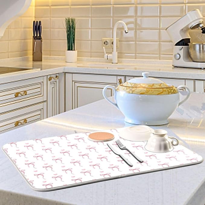 Pink Ribbon Bow Dish Drying Mat Quick Absorbent 18x24 Cute Bow Tie White Kitchen Drying Mat for Countertop Sink Reusable Dishes Mats Kitchen Essentials