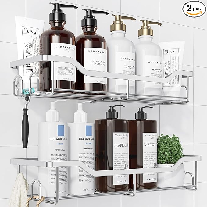 Kitsure Shower Caddy Large - Adhesive Shower Organizer, Stainless Steel Shelf for Inside Shower, No Drill Bathroom Organizers and Storage, Home Decor Accessories, 2 Pack, Sliver