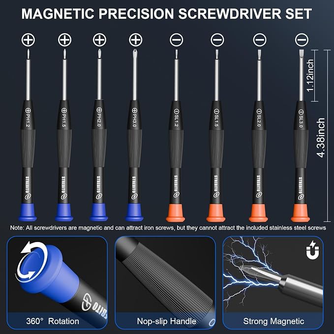 STREBITO Glasses Repair Kit, All-in-One Eyeglass Repair Kit | 16 Sizes of Screws, 12 Pairs of Nose Pads & Tweezer, Precision Screwdriver Set for Glasses, Sunglasses & Small Electronics