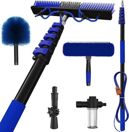 30Ft Reach Solar Panel Cleaning Brush Kit with 5-24ft Telescoping Pole, Water Fed Window Cleaner Tool with 20" Brush, Soap Dispenser, Cobweb Duster, Squeegee for Roof, RV, Gutter, Boat, Deck
