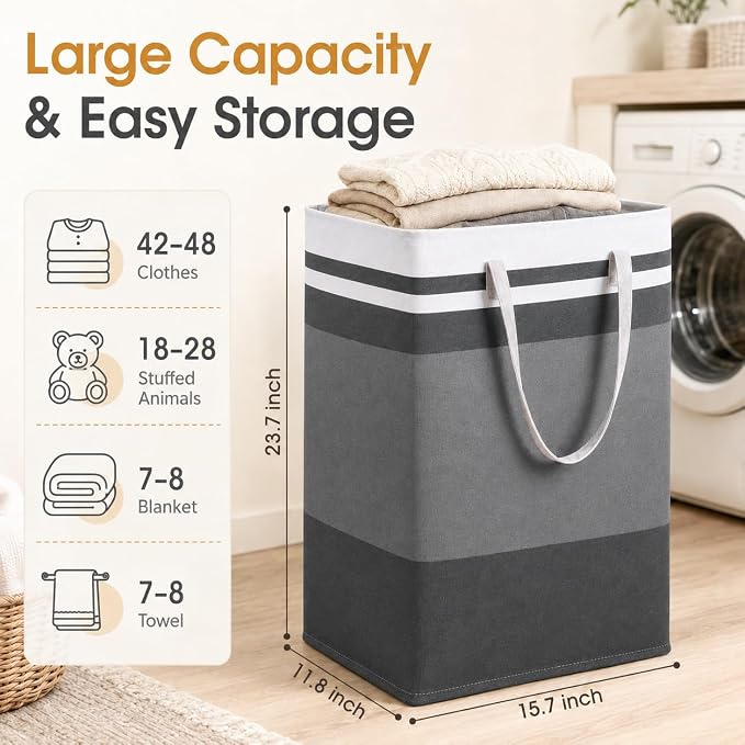 2 Pack Large Laundry Baskets, Laundry Hampers, Freestanding Waterproof Collapsible Clothes Basket with Easy Carry Handles in Laundry Room Bathroom Bedroom Dorm,Grey,75L