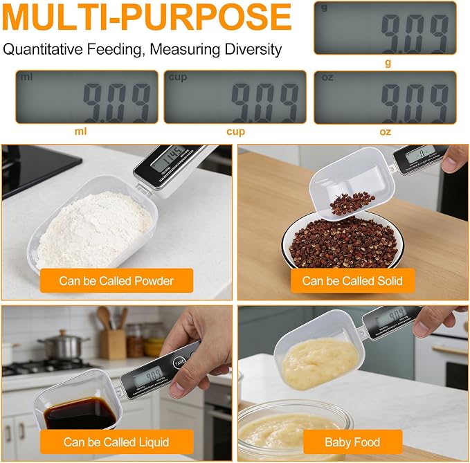 Dioche Digital Measuring Spoon Scale, High Precision 0.05g to 500g Capacity, with 30ml & 80ml Detachable Spoons, Tare Function & Unit Conversion for Baking, Cooking, Pet Food, Kitchen - Black