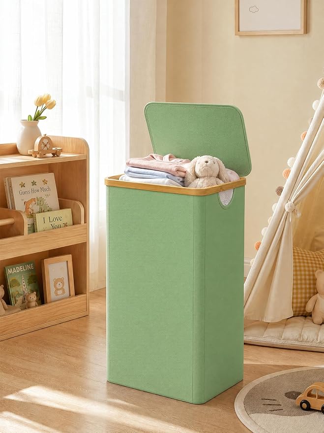 IEGrow Laundry Hamper with Lid,110L Laundry Basket with Mesh Bag,Green | Dirty Clothes Hamper Basket with Bamboo Handle for Clothes Towels Organization
